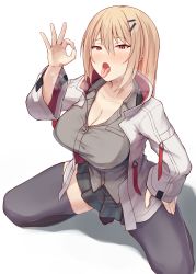Rule 34 | 1girl, asaba kakeru, asymmetrical legwear, balls in panties, black panties, black skirt, blonde hair, blush, breasts, bulge, cleavage, collared shirt, fellatio gesture, grey shirt, hand on own hip, heavy breathing, highres, jacket, kneeling, large breasts, long hair, long sleeves, looking at viewer, miniskirt, open clothes, open jacket, open mouth, original, panties, pleated skirt, red eyes, shirt, simple background, single leg pantyhose, single thighhigh, skirt, solo, testicles, thighhighs, tongue, tongue out, underwear, very long hair, white background, white jacket