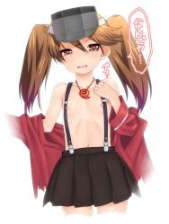 Rule 34 | 10s, 1girl, blush, brown eyes, brown hair, flat chest, heart, heart-shaped pupils, kantai collection, long hair, looking at viewer, magatama, naked suspenders, nipples, okina ika, open clothes, open mouth, open shirt, personification, ryuujou (kancolle), shirt, skirt, solo, suspenders, symbol-shaped pupils, tears, translated, twintails, visor cap