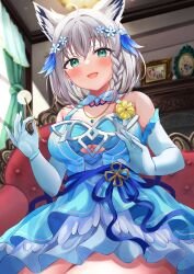 Rule 34 | 1girl, ahoge, animal ear fluff, animal ears, aquarium (visual novel), bare shoulders, blue dress, blush, braid, breasts, cleavage, commentary request, couch, dress, earrings, elbow gloves, fox ears, fox girl, from below, gloves, green eyes, hair between eyes, hair ornament, highres, hololive, ibuki sho, indoors, jewelry, long hair, looking at viewer, medium breasts, mimikaki, necklace, open mouth, shirakami fubuki, sidelocks, single braid, sitting, solo, virtual youtuber, white gloves, white hair
