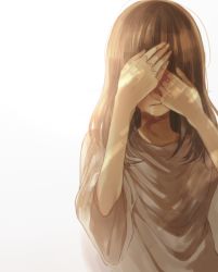 Rule 34 | 1girl, brown hair, covering own eyes, long hair, open mouth, sayoko (song), simple background, solo, tears, upper body, vocaloid, white background, xxxxxymdy