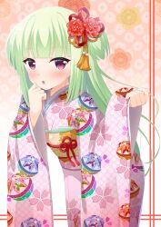 Rule 34 | 1girl, 7fuji 06, blunt bangs, blush, cherry blossom print, clenched hands, commentary, cowboy shot, floral background, floral print, flower, furisode, green hair, hair flower, hair ornament, hands up, highres, hime cut, japanese clothes, kanoko (pattern), kikumon, kimono, long hair, long sleeves, looking at viewer, murasame (senren), open mouth, pink background, pink kimono, purple eyes, red flower, sakuramon, seigaiha, senren banka, sidelocks, simple background, solo, standing, tassel, tassel hair ornament, two side up, very long hair, wide sleeves
