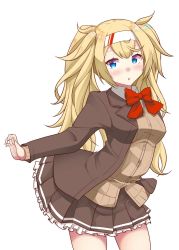 Rule 34 | 1girl, alternate costume, beige sweater, blonde hair, blouse, blue eyes, bow, breasts, brown dress, brown jacket, collared shirt, commentary, cowboy shot, dress, frills, gambier bay (kancolle), hair between eyes, hairband, head tilt, highres, jacket, kantai collection, kirigakure (kirigakure tantei jimusho), large breasts, long hair, open mouth, red bow, shirt, twintails, very long hair, white background, white frills, white shirt