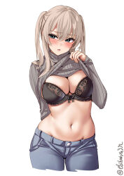 Rule 34 | 1girl, black bra, blonde hair, blue eyes, blush, bra, breasts, cleavage, clothes lift, cowboy shot, denim, ebifurya, graf zeppelin (kancolle), highres, jeans, kantai collection, large breasts, lifting own clothes, midriff, navel, one-hour drawing challenge, pants, ribbed sweater, stomach, sweater, sweater lift, turtleneck, turtleneck sweater, twitter username, underwear, white background