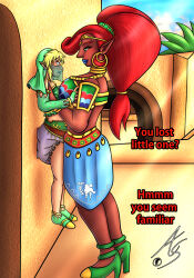Rule 34 | 1boy, 1girl, alyssa sundale, armlet, bare shoulders, blonde hair, blush, closed mouth, collar, dark-skinned female, dark skin, earrings, english text, gerudo, hair ornament, height difference, held up, highres, hoop earrings, jewelry, lauren phillips lifting alice merchesi (meme), lifting person, link, lipstick, long hair, looking at another, makeup, mouth veil, nintendo, pointy ears, red hair, short hair, signature, smile, tall female, taller female, the legend of zelda, the legend of zelda: breath of the wild, urbosa, veil