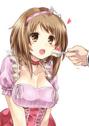 Rule 34 | 10s, 1girl, bad id, bad pixiv id, blush, breasts, brown eyes, brown hair, cake, choker, cleavage, collarbone, feeding, food, fruit, hairband, hanging breasts, heart, highres, idolmaster, idolmaster cinderella girls, large breasts, mimura kanako, navel, open mouth, paopao, puffy sleeves, short hair, short sleeves, spoon, strawberry, taut clothes, white background