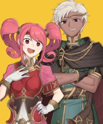 Rule 34 | 1boy, 1girl, armor, boey (fire emblem), breastplate, brown cape, brown eyes, cape, crossed arms, dark-skinned male, dark skin, ebinku, fire emblem, fire emblem echoes: shadows of valentia, gloves, green robe, grey gloves, grin, hand on own hip, hand on own chest, highres, looking at viewer, mae (fire emblem), nintendo, open mouth, pink hair, red armor, red eyes, robe, sidelocks, smile, twintails, white gloves, white hair