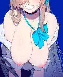 Rule 34 | 1girl, akino sora, asuna (blue archive), black choker, blue archive, blue background, blue bow, blue bowtie, bow, bowtie, breasts, brown hair, choker, cleavage, clothes pull, grin, head out of frame, highres, large breasts, long hair, nipples, shirt, shirt pull, simple background, smile, solo, white shirt