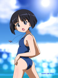 Rule 34 | 1girl, artist name, ass, beach, black hair, blue eyes, blue one-piece swimsuit, blunt bangs, blurry, blush, bob cut, breasts, dated, depth of field, female focus, from behind, girls und panzer, highres, looking at viewer, looking back, naotosi, ocean, one-piece swimsuit, open mouth, outdoors, short hair, sky, small breasts, solo, sono midoriko, swimsuit, thighs, whistle, whistle around neck