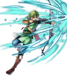 Rule 34 | 1boy, arrow (projectile), belt, boots, bow (weapon), drawing bow, fingerless gloves, fire emblem, fire emblem: mystery of the emblem, fire emblem heroes, full body, gloves, gordin (fire emblem), green eyes, green hair, highres, holding bow (weapon), itagaki hako, male focus, nintendo, official art, open mouth, quiver, solo, teeth, transparent background, weapon