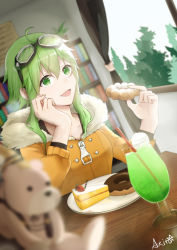Rule 34 | 1girl, absurdres, blurry, blurry foreground, bookshelf, cake, commentary, doughnut, drink, drinking straw, food, forest, fruit, fur-trimmed jacket, fur trim, goggles, goggles on head, green eyes, green hair, green nails, gumi, highres, holding, holding food, indoors, jacket, jinsei reset button (vocaloid), kinoshita akira, looking at viewer, nail polish, nature, open mouth, orange jacket, plate, room, short hair with long locks, sidelocks, signature, smile, solo, strawberry, upper body, vocaloid, window, zipper pull tab