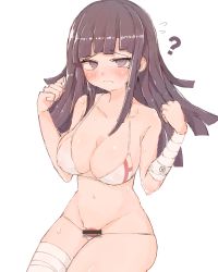 Rule 34 | 1girl, arms up, bandaged arm, bandaged leg, bandages, bare arms, bare legs, bare shoulders, bare stomach, bikini, blush, breasts, cleavage, collarbone, danganronpa (series), danganronpa 2: goodbye despair, ears, frown, halter top bikini, halterneck, hands up, hetero, highres, large breasts, long hair, looking at viewer, mole, mole under eye, mouth hold, neck, nose blush, penis, purple eyes, question mark, raised eyebrows, shiny skin, simple background, solo focus, stomach, sweat, sweatdrop, swimsuit, thigh sex, tsumiki mikan, wavy mouth, white background, white bikini, zuta