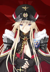 Rule 34 | 1girl, arrow cross, azur lane, bismarck (azur lane), bismarck (beacon of the iron blood) (azur lane), bismarck (coat of arms), black gloves, black hat, blonde hair, breasts, cane, cape, coat of arms, commentary request, cross, fingerless gloves, flag, flag background, fur trim, gloves, hair between eyes, hat, highres, holding, iwasaki takashi, large breasts, long hair, long sleeves, looking at viewer, military, military hat, military uniform, multicolored clothes, multicolored hat, red hat, solo, uniform, white hat