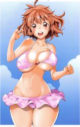 Rule 34 | 1girl, :d, absurdres, ahoge, amatarou, bikini, bouncing breasts, breasts, brown eyes, brown hair, cleavage, curvy, highres, large breasts, navel, open mouth, original, pink bikini, scan, short hair, smile, solo, swimsuit, thigh gap, thighs