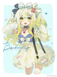 Rule 34 | 1girl, arms up, artist name, bacheally, bad source, bag, blonde hair, bow, breasts, cleavage, collar, collarbone, commission, cowboy shot, curly hair, dress, eyes visible through hair, frills, gradient hair, green hair, hair bow, hair ornament, hair ribbon, highres, jewelry, long hair, long sleeves, looking at viewer, multicolored hair, necklace, open mouth, original, ribbon, shoulder bag, sleeves past wrists, small breasts, smile, twintails, weibo watermark, white dress, white hair, yellow eyes