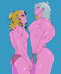 Rule 34 | 2boys, big pecs, blonde hair, blonde male, blue background, demon slayer, fundoshi, hair down, height difference, japanese clothes, kimetsu no yaiba, kyu 717, looking at another, male focus, multiple boys, muscular, muscular male, pectorals, profile, red eyes, rengoku kyoujurou, restricted palette, shiny skin, silver hair, smile, thick eyebrows, topless, topless male, uzui tengen, veins, yellow eyes