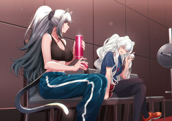 Rule 34 | 2girls, absurdres, animal ears, arknights, bare arms, bare shoulders, bear ears, black legwear, blue hair, blue nails, blue pants, blue shirt, breasts, cat ears, cat tail, chinese commentary, cleavage, commentary request, crop top, closed eyes, feet out of frame, highres, indoors, large breasts, crossed legs, long hair, looking at another, midriff, multicolored hair, multiple girls, nail polish, pants, pantyhose, ponytail, profile, red footwear, rosa (arknights), schwarz (arknights), shijie jianfa, shirt, shoes, short sleeves, sidelocks, silver hair, sitting, sneakers, sports bra, stomach, streaked hair, tail, very long hair