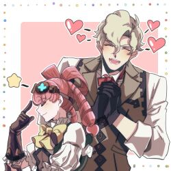 Rule 34 | 1boy, 1girl, ace attorney, black gloves, blonde hair, blush, bow, brown gloves, closed eyes, collar, collared shirt, drill hair, eyewear on head, finger to face, frilled collar, frilled gloves, frills, gloves, goggles, goggles on head, hair rings, heart, herlock sholmes, iris wilson, long hair, mosososo, open mouth, own hands together, pink hair, profile, puffy sleeves, shirt, short hair, smile, the great ace attorney, twintails, upper body, white shirt, yellow bow
