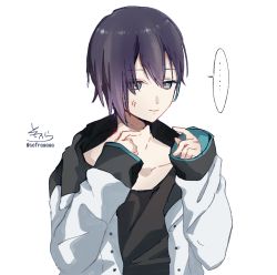 Rule 34 | ..., 1boy, anger vein, black hair, black shirt, collarbone, commentary request, green eyes, hair between eyes, hands up, highres, hood, hood down, hooded jacket, jacket, long sleeves, male focus, mayuzumi kai, nijisanji, open clothes, open jacket, shirt, signature, simple background, sleeves past wrists, sofra, solo, spoken ellipsis, twitter username, upper body, virtual youtuber, white background, white jacket
