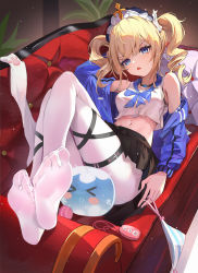 Rule 34 | &gt; &lt;, 1girl, absurdres, afall, barbara (genshin impact), bare shoulders, black skirt, blonde hair, blue eyes, blue jacket, blush stickers, couch, crop top, crossed legs, foreshortening, genshin impact, head rest, headdress, highres, hitachi magic wand, holding, holding clothes, holding panties, holding underwear, jacket, looking at viewer, midriff, navel, off shoulder, official alternate costume, on couch, open mouth, panties, unworn panties, pantyhose, sex toy, shirt, skirt, sleeveless, sleeveless shirt, slime (genshin impact), soles, thigh strap, toes, twintails, underwear, vibrator, vibrator cord, white pantyhose, white shirt