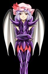 Rule 34 | 1girl, aries shion, aries shion (cosplay), armor, bat wings, boots, cosplay, crossover, hat, lowres, parody, pink hat, remilia scarlet, saint seiya, solo, thighhighs, touhou, wings