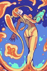Rule 34 | 1girl, akairiot, arched back, arm cannon, ass, bodysuit, breasts, commentary, english commentary, highres, impossible bodysuit, impossible clothes, kneepits, large breasts, long hair, looking back, metroid, metroid fusion, nintendo, orange bodysuit, orange hair, sa-x, skin tight, slime (substance), solo, very long hair, weapon, yellow eyes