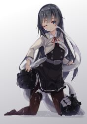 Rule 34 | 1girl, absurdres, abyssal ship, asashio (kancolle), asashio kai ni (kancolle), belt, belt buckle, black belt, black dress, black hair, black pantyhose, blue eyes, blush, buckle, buttons, closed mouth, collared shirt, commentary request, dress, enemy naval mine (kancolle), full body, hair between eyes, highres, kantai collection, long hair, long sleeves, one eye closed, pantyhose, pinafore dress, shirt, sleeveless, sleeveless dress, tentacles, uut, white shirt