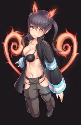 Rule 34 | 1girl, belt, bikini, bikini top only, black background, black bikini, black hair, black jacket, blush, breasts, cleavage, collarbone, commentary, en&#039;en no shouboutai, fiery tail, fire, firefighter, firefighter jacket, hair between eyes, highres, hip vent, jacket, kaptivate, long hair, long sleeves, looking at viewer, multiple tails, navel, open clothes, open jacket, pants, solo, swimsuit, tail, tamaki kotatsu, torn clothes, torn jacket, twintails, two tails, wide sleeves, yellow eyes