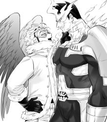 Rule 34 | 2boys, :d, absurdres, armor, bodysuit, boku no hero academia, bulge, couple, covered abs, endeavor (boku no hero academia), eye contact, facial hair, feathered wings, fiery hair, fire, from side, greyscale, hand on another&#039;s chin, hand on own hip, hawks (boku no hero academia), helen roro, highres, large pectorals, looking at another, male focus, mature male, monochrome, multiple boys, muscular, muscular male, open mouth, pauldrons, pectorals, profile, scar, scar across eye, scar on face, short hair, shoulder armor, sideburns, size difference, smile, smug, spiked hair, stubble, wings, yaoi