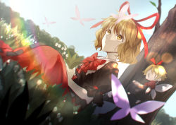 Rule 34 | 2girls, :o, absurdres, against tree, black shirt, blonde hair, bloom, blouse, blurry, bow, bowtie, bug, butterfly, depth of field, fairy, fairy wings, flower, frilled sleeves, frills, grass, hair ribbon, highres, holding, holding flower, insect, lily of the valley, looking at animal, medicine melancholy, multiple girls, otoshiro kosame, outdoors, puffy sleeves, red bow, red ribbon, red skirt, ribbon, shirt, short hair, short sleeves, sitting, skirt, su-san, touhou, tree, wavy hair, wings, yellow eyes
