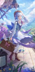 Rule 34 | 1girl, :d, absurdres, ayaka (genshin impact), back bow, bag, bird, blue bird, blue bow, blue dress, blue eyes, blue flower, blue hair, boots, bow, braid, brown bag, brown footwear, brown hat, bush, butterfly hair ornament, charm (object), chinese commentary, cloud, collar, commentary request, day, dress, falling petals, flower, full body, genshin impact, hair flower, hair ornament, hand on headwear, hat, highres, holding, holding bag, hydrangea, kamisato ayaka, kamisato ayaka (springbloom missive), light rays, long sleeves, looking at viewer, manyuchapaofan93687, official alternate costume, open mouth, paimon (genshin impact), pantyhose, petals, pink bow, purple flower, railroad tracks, short hair, sign, sky, smile, solo, teeth, upper teeth only, white collar, white flower, white pantyhose, yellow flower