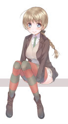 Rule 34 | 1girl, ahoge, bad id, bad pixiv id, blue eyes, braid, breasts, brown hair, hair ribbon, hands under legs, jacket, large breasts, long hair, looking at viewer, lynette bishop, military, military uniform, necktie, open clothes, open jacket, ribbon, simple background, sitting, sleeves past wrists, smile, solo, strike witches, striped clothes, striped legwear, striped thighhighs, thighhighs, totonii (totogoya), uniform, world witches series