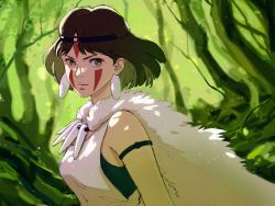 Rule 34 | 1girl, armlet, black hair, black undershirt, breasts, cape, circlet, earrings, facepaint, floating hair, forest, fur cape, green eyes, highres, jewelry, looking at viewer, medium breasts, miromari, mononoke hime, nature, necklace, outdoors, parted bangs, san (mononoke hime), shirt, short hair, sleeveless, sleeveless shirt, solo, tooth necklace, tree, upper body, white shirt