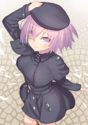 Rule 34 | 1girl, arm up, beret, black capelet, black dress, black hat, blush, boots, brown footwear, capelet, closed mouth, commentary request, day, dress, eyes visible through hair, fate/grand order, fate (series), fingernails, from above, hair over one eye, hand on headwear, hat, highres, jonsun, long sleeves, looking at viewer, looking up, mash kyrielight, mash kyrielight (traveling outfit), mash kyrielight (traveling outfit) (fate), official alternate costume, outdoors, pink eyes, pink hair, smile, solo