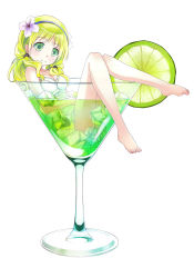 Rule 34 | 1girl, 54hao, bare arms, bare legs, barefoot, breasts, cleavage, closed mouth, cocktail, cocktail glass, cup, dress, drinking glass, flower, food, fruit, green eyes, green hair, hair flower, hair ornament, highres, ice, in container, in cup, lime (fruit), lime slice, long hair, long legs, looking at viewer, medium breasts, original, partially submerged, purple flower, short dress, simple background, sitting, sleeveless, sleeveless dress, smile, solo, wavy hair, white background, white dress