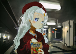 Rule 34 | 1girl, a.i. voice, ahoge, bag, beret, blue eyes, blunt bangs, blurry, blurry background, blush, braid, bright pupils, ceiling light, closed mouth, coat, collared shirt, commentary request, eating, film grain, german text, gummy bear, hands up, haribo, hat, highres, holding, holding bag, indoors, kabuyama kaigi, kizuna akari, kizuna akari (tsubomi), long hair, long sleeves, looking at viewer, pillar, red coat, red hat, shirt, side braid, solo, sparkle hair ornament, subway, subway station, upper body, voiceroid, white hair, white pupils