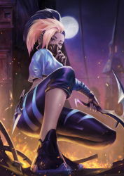 Rule 34 | 1girl, absurdres, akali, asymmetrical legwear, black gloves, black hair, blonde hair, brown eyes, building, crop top, ear piercing, earrings, embers, finger to mouth, fingerless gloves, fire, forehead, from below, full body, full moon, gloves, highres, holding, holding scythe, holding weapon, index finger raised, jewelry, k/da (league of legends), kama (weapon), kunai, league of legends, looking at viewer, mask, midriff, moon, mouth mask, multicolored hair, night, night sky, official alternate costume, pants, piercing, ponytail, print mask, scythe, shushing, sickle, sky, solo, syze jun, the baddest akali, tight clothes, tight pants, tower, two-tone hair, weapon