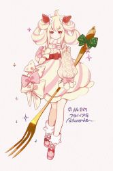 Rule 34 | 1girl, :o, ahoge, alcremie, alcremie (strawberry sweet), blonde hair, boots, bow, charm (object), creatures (company), dress bow, food-themed hair ornament, footwear bow, fork, frilled sleeves, frills, full body, game freak, gen 8 pokemon, hair ornament, hand up, harurie, highres, holding, holding fork, hoop skirt, long sleeves, looking at viewer, medium hair, multicolored hair, nintendo, oversized object, personification, pink background, pink footwear, pink hair, pokemon, puffy long sleeves, puffy sleeves, red eyes, short eyebrows, sidelocks, simple background, sleeves past fingers, sleeves past wrists, solo, standing, strawberry hair ornament, streaked hair, two-tone hair