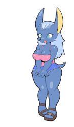 Rule 34 | 1girl, blue eyes, blue hair, dog, furry, furry female, long hair, open mouth, sandals, shorts, solo, woory