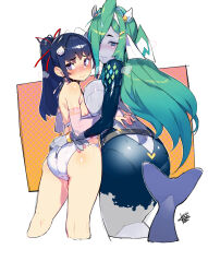 Rule 34 | 2girls, ass, ass grab, asymmetrical bangs, asymmetrical docking, black hair, blue eyes, blush, blush stickers, bodysuit, breast press, breasts, bridal gauntlets, colored skin, embarrassed, from behind, from side, full-face blush, gloves, grabbing another&#039;s ass, green hair, grey eyes, grey skin, groping, hair over one eye, hair ribbon, halterneck, highres, large breasts, looking back, mermaid, mikogami izumi, mole, mole under eye, monster girl, multiple girls, namaniku atk, pink gloves, ponytail, poseidon sachiko, red pupils, red ribbon, ribbon, shell hair ornament, skin tight, small breasts, sweat, swimsuit, tokyo necro suicide mission, trefoil, twisted torso, very sweaty