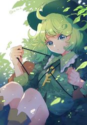 Rule 34 | 1girl, :o, ahoge, azuma aya, backpack, bag, boots, brown footwear, camouflage, camouflage headwear, camouflage jacket, camouflage skirt, collar, commentary, frilled collar, frills, green eyes, green hair, green hat, green shirt, green skirt, hat, holding, jacket, key, knee boots, knees, long hair, long sleeves, open mouth, shirt, skirt, solo, symbol-only commentary, touhou, yamashiro takane