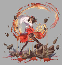 Rule 34 | 1girl, adapted costume, angry, arms up, artist request, breasts, brown hair, brown thighhighs, fighting, fighting stance, fire, flaming sword, flaming weapon, floating rocks, full body, geta, grey background, hair ribbon, hakama, hakama skirt, holding, holding sword, holding weapon, horns, japanese clothes, kimono, kimono skirt, konngara (touhou), large breasts, legs, legs apart, long sleeves, looking at viewer, open mouth, panties, pantyshot, pleated skirt, ponytail, red eyes, ribbon, rock, sandals, sash, short hair, simple background, single horn, skirt, solo, standing, sword, thighhighs, touhou, touhou (pc-98), underwear, upskirt, v-shaped eyebrows, weapon, white panties, wide sleeves