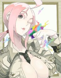 Rule 34 | 1girl, breasts, cleavage, collarbone, large breasts, looking at viewer, military, military uniform, necktie, one eye closed, open mouth, pink hair, ponytail, short hair, solo, sudeni sokurou, uniform
