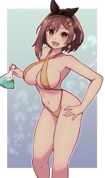 Rule 34 | 1girl, :d, atelier (series), atelier ryza, bikini, breasts, brown eyes, brown hair, flask, hair ornament, hand on own hip, highres, holding, holding flask, lamb-oic029, large breasts, leaning forward, looking at viewer, navel, open mouth, reisalin stout, short hair, smile, swimsuit, thighs
