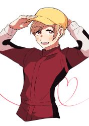 Rule 34 | 1boy, absurdres, adjusting clothes, adjusting headwear, arms up, blush, brown hair, fu 02leo, harunaga satsuki, heart, highres, jacket, long sleeves, male focus, open mouth, overtake!, red jacket, simple background, solo, standing, white background, yellow headwear