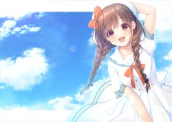 Rule 34 | 1girl, :d, arm up, beret, black bow, blue sky, bow, braid, breasts, brown hair, cloud, cloudy sky, collarbone, commentary request, day, dress, hair bow, hand on headwear, hat, hat bow, idolmaster, idolmaster shiny colors, long hair, looking at viewer, mizukoshi mayu, open mouth, orange bow, puffy short sleeves, puffy sleeves, red eyes, short sleeves, sky, small breasts, smile, solo, sonoda chiyoko, twin braids, twintails, white dress, white hat