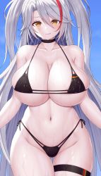 Rule 34 | 1girl, absurdres, asamura hiori, azur lane, bare shoulders, bikini, black bikini, blue background, blush, breasts, choker, cleavage, collarbone, commentary request, highleg, highleg bikini, highres, huge breasts, lips, long hair, looking at viewer, mole, mole on breast, multicolored hair, navel, official alternate costume, prinz eugen (azur lane), prinz eugen (unfading smile) (azur lane), red hair, shiny skin, simple background, solo, stomach, swimsuit, thigh strap, thighs, tongue, tongue out, water, water drop, white hair