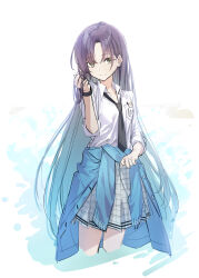 Rule 34 | 1girl, absurdres, alternate hair length, alternate hairstyle, asakura toru, black necktie, blue hair, breast pocket, breasts, closed mouth, clothes around waist, collared shirt, controlline3, cropped legs, ear piercing, gradient hair, grey eyes, grey skirt, hand up, highres, holding, holding own hair, idolmaster, idolmaster shiny colors, long hair, looking at viewer, multicolored hair, necktie, pen, piercing, pocket, purple eyes, shirt, skirt, sleeves rolled up, small breasts, smile, solo, very long hair, white shirt