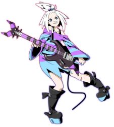 Rule 34 | 10s, 1girl, bass guitar, blue hair, boots, creatures (company), female focus, game freak, guitar, gym leader, instrument, jerun, looking at viewer, nintendo, pokemon, pokemon bw2, roxie (pokemon), shirt, short hair, solo, striped clothes, striped shirt, topknot, white hair