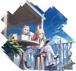Rule 34 | 2girls, apron, artist request, azur lane, bird, blonde hair, blue eyes, book, boots, building, chair, cloud, crossed legs, crown, cup, dove, drill hair, eyebrows hidden by hair, fang, frilled apron, frilled skirt, frills, full body, gloves, gold trim, hand up, hat, high heels, highres, holding, holding book, leaf, long hair, maid, maid headdress, manjuu (azur lane), mini crown, multiple girls, official alternate costume, official art, open mouth, outdoors, paper, plant, potted plant, queen elizabeth (azur lane), queen elizabeth (yes your maidness!) (azur lane), railing, sitting, skin fang, skirt, sky, table, teacup, thighhighs, transparent background, tree, warspite (azur lane), white apron, white gloves, white legwear