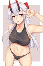 Rule 34 | 1girl, arcie albano, bikini, black bikini, blush, breasts, collarbone, cowboy shot, fate/grand order, fate (series), groin, hair between eyes, hair ribbon, hand up, highres, horns, large breasts, long hair, looking at viewer, navel, oni horns, open mouth, ponytail, red eyes, ribbon, sidelocks, silver hair, smile, solo, stomach, swimsuit, tomoe gozen (fate), very long hair, wet
